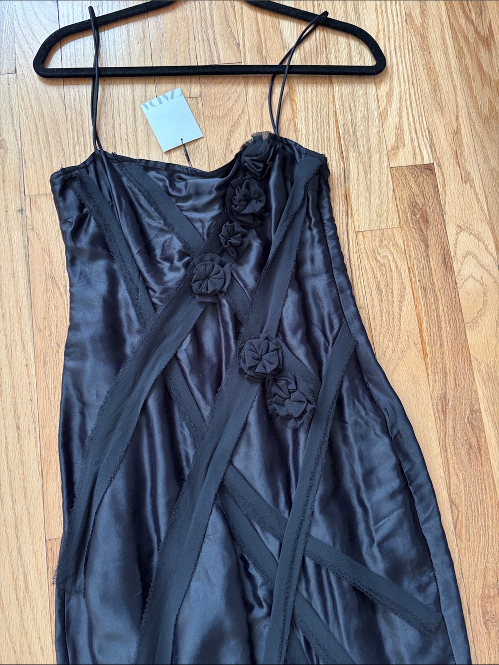 Zara Black Satin Midi Slip Dress with Rosette Trim